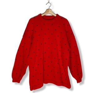 Oversized Handmade Red Knit Crewneck Sweater with Beads